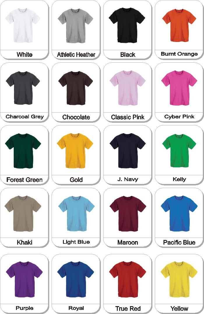 NEW! FRUIT OF THE LOOM� LOFTEEZ HD� T-SHIRT is available in the following colours: Yellow, Kelly, True Red, Gold, Khaki, Chorcoal Grey, Light Blue, Pacific Blue, Chocolate, Purple, Burnt Orange, Classic Pink, Cyber Pink, J.Navy, Maroon, Royal, Forest Green, Purple